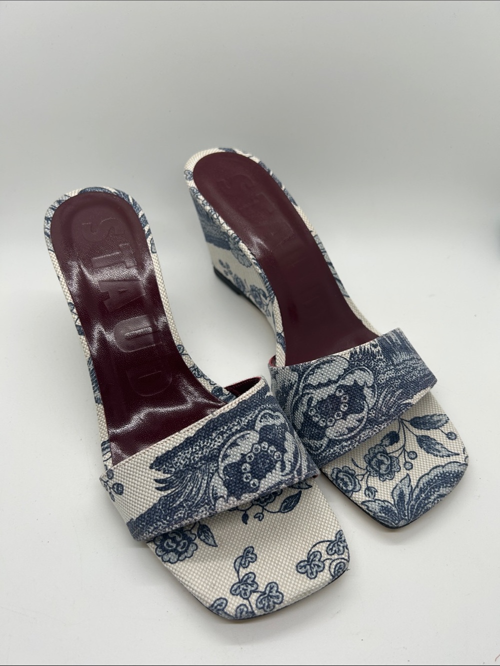 STAUD Blue/White Toile de Jouy Billie Wedge Mule Sandals Shoes **Sz 38/US 8**🌸🌸